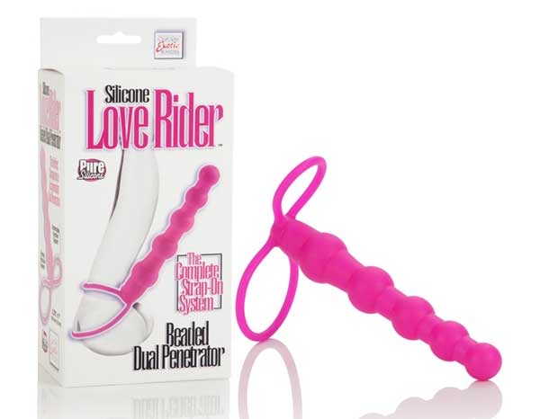 Розовая насадка для двойного проникновения Silicone Love Rider Beaded Dual Penetrator - 14,5 см.