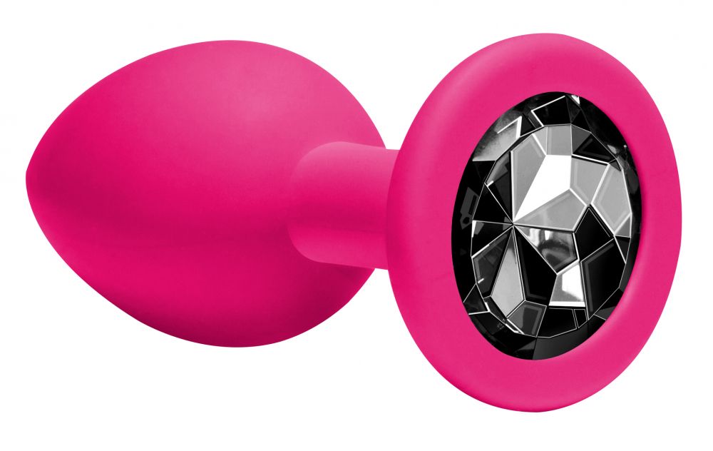 Средняя розовая анальная пробка Emotions Cutie Medium с чёрным кристаллом - 8,5 см.