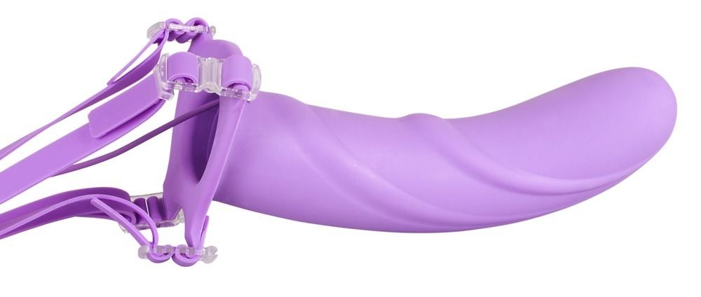 Полый фиолетовый страпон Juicy с вибрацией и выносным пультом - 21 см.
